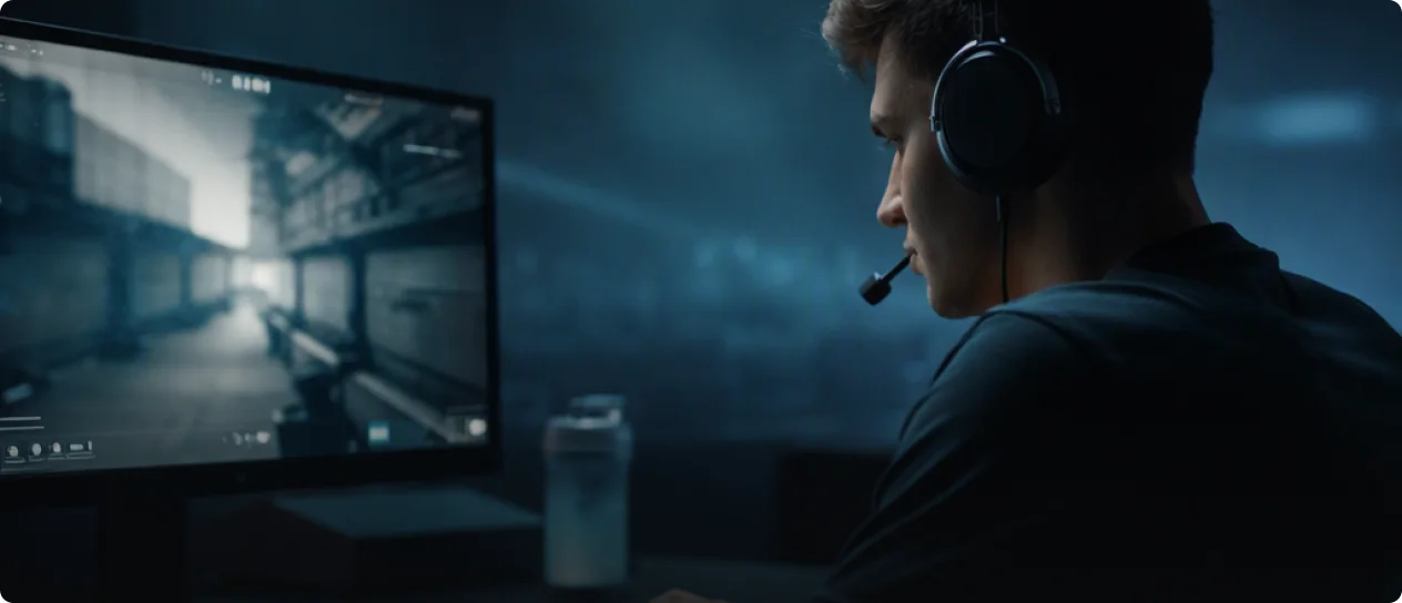 Esportový hráč se soustředí na hru před začátkem soutěže