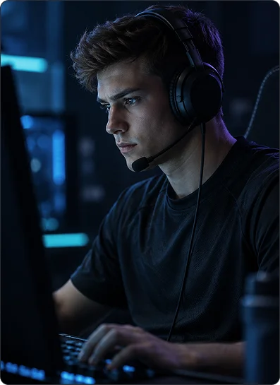 Soustředěný esportový soutěžící se sluchátky během tréninku